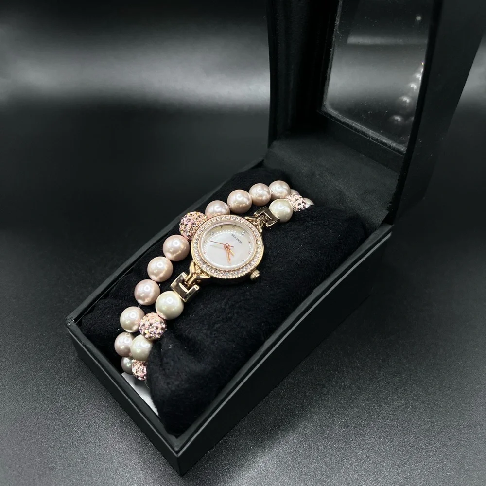 Sekonda Rose Gold Tone Watch & Pearl Bracelet Set New